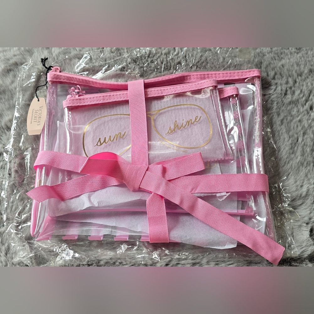 Set of 3 Victoria's Secret Pink Clear See Through Makeup Cosmetic Beach Bag, NEW